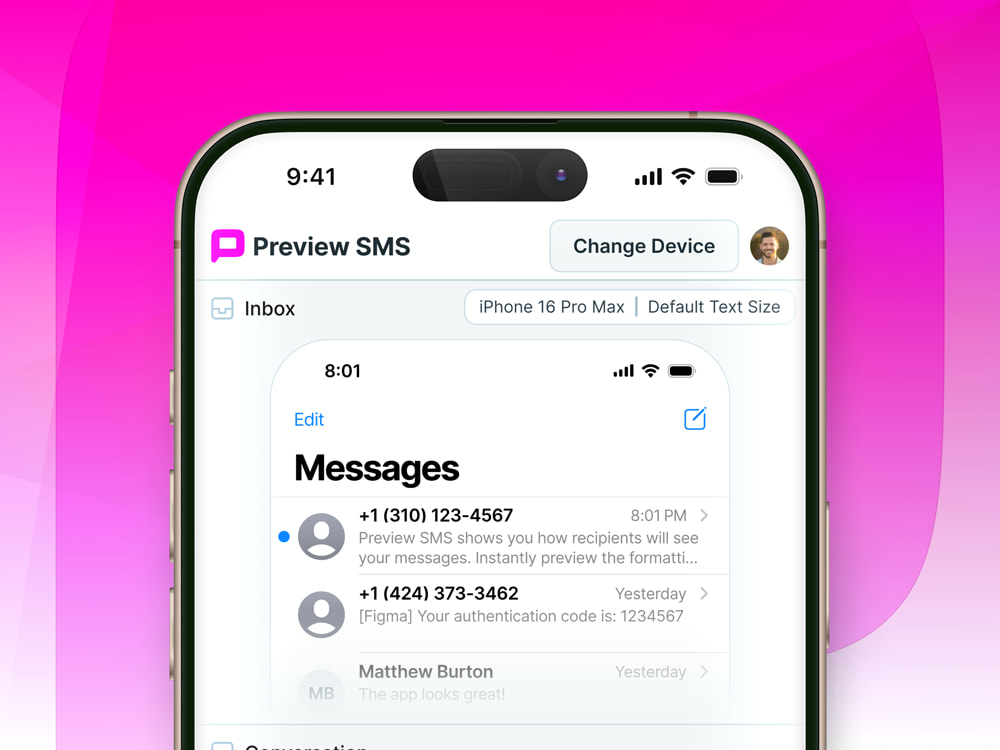 iPhone 16 Pro Max showing Preview SMS UI