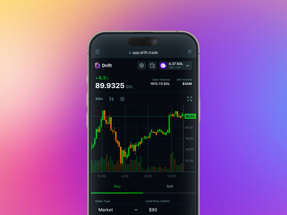 Drift Trade Mobile UI appearing on an iPhone 16 Pro Max in front of a rainbow gradient background.