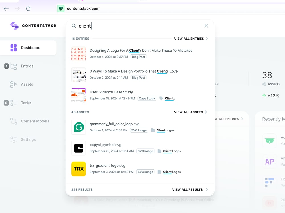 Contentstack CMS search input drodown UI