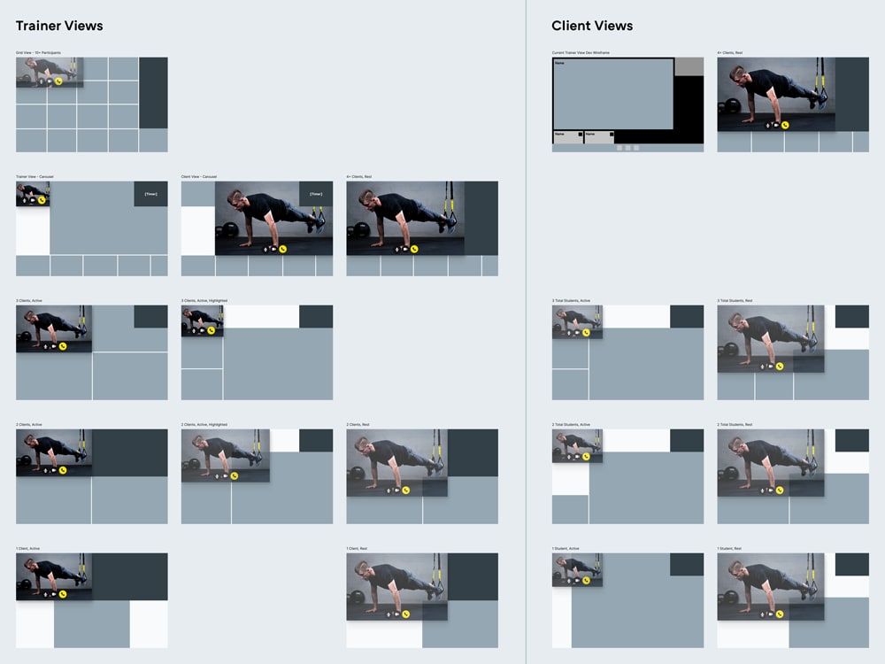 Wireframes for Trainer and Client views of the TRX virtual tainer app