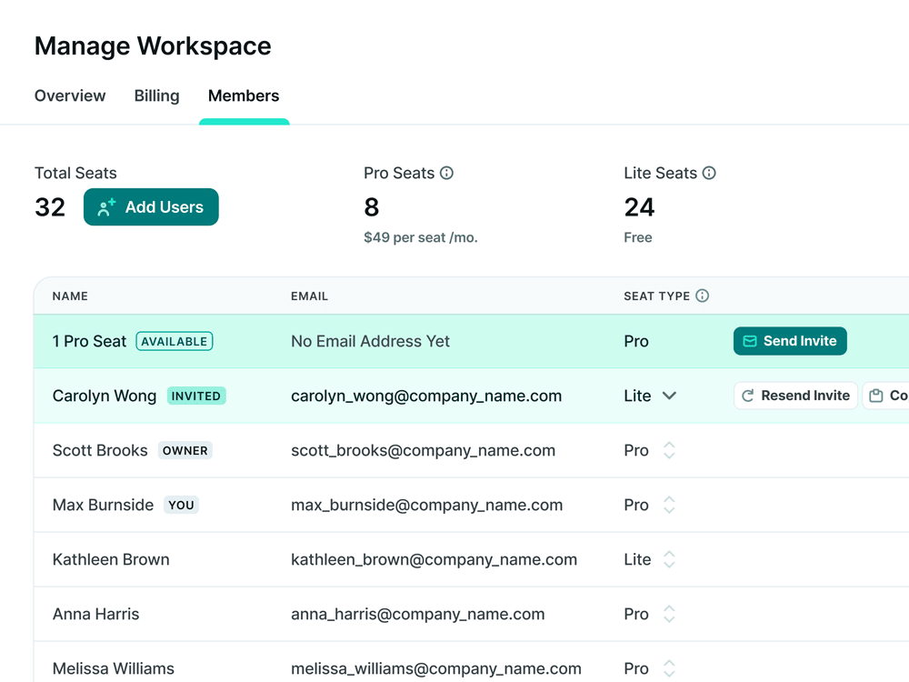 Manage Workspace UI showing members table
