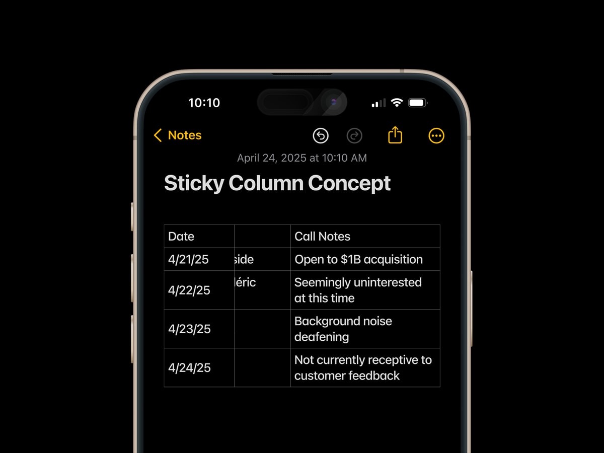 Concept of Apple Notes tables sticky column while scrolling horizontally