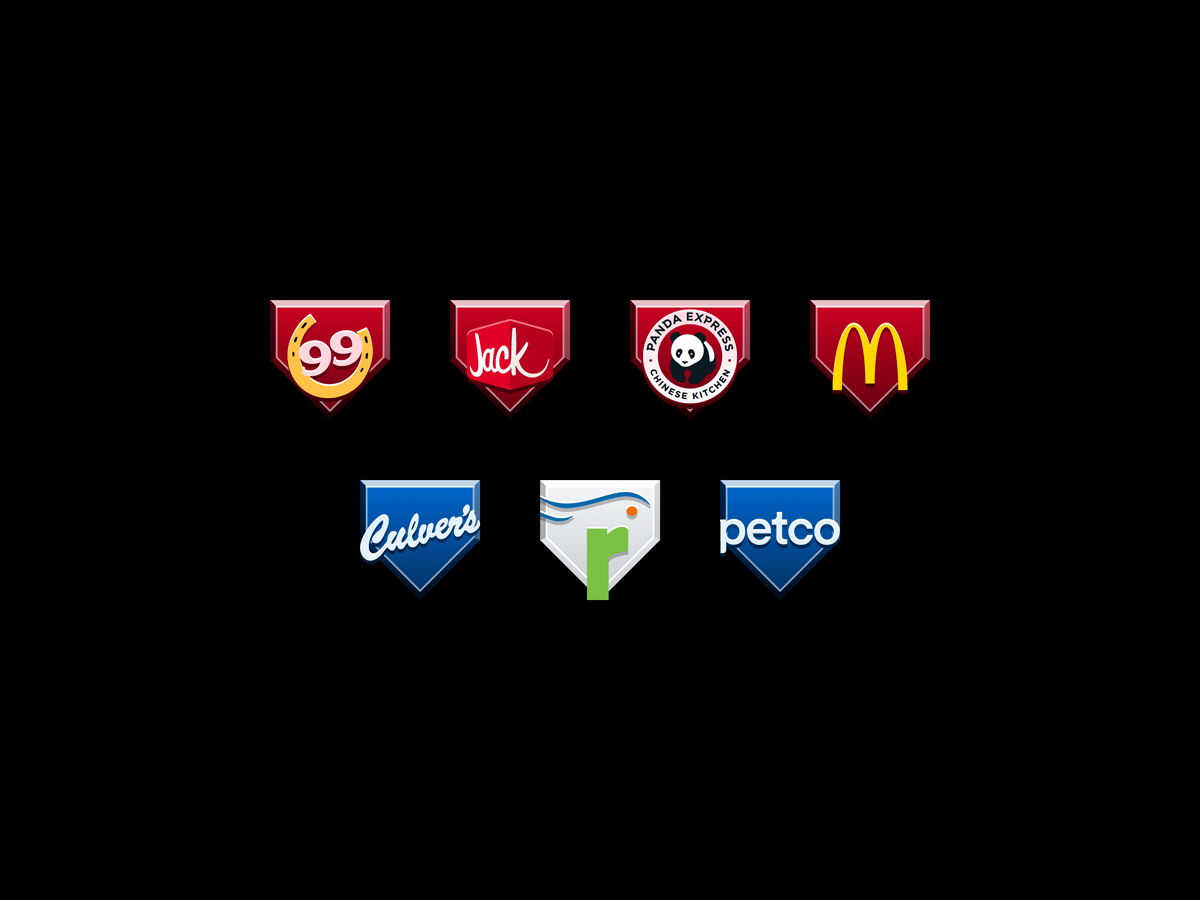Logos presented on home plate shapes in two rows. From top left to bottom right: 99 Restaurants, Jack in the Box, Panda Express, McDonald's, Culver's, Rubio's, and Petco.