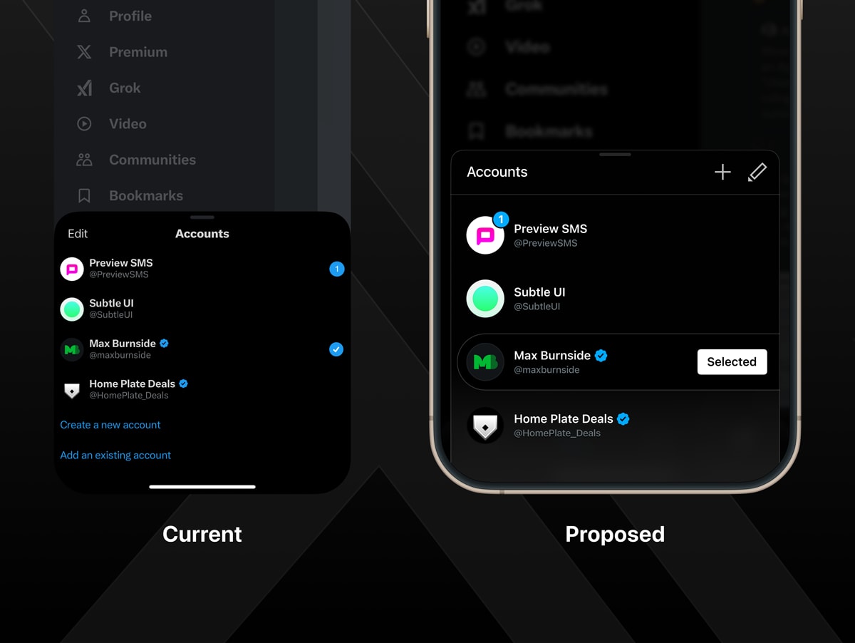 X account drawer UI redesign concept