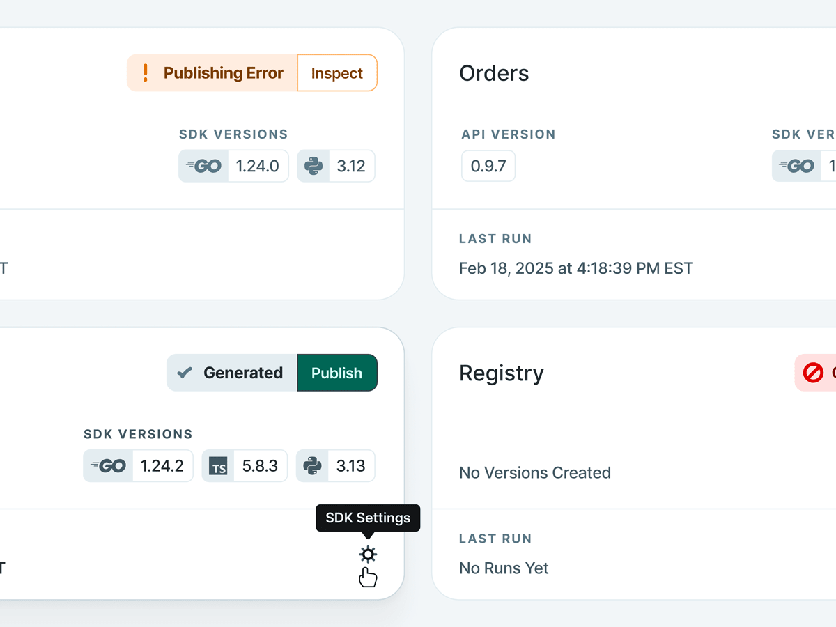 API Dashboard UI displaying card being hovered, along with SDK versions for Go, TypeScript, and Python.
