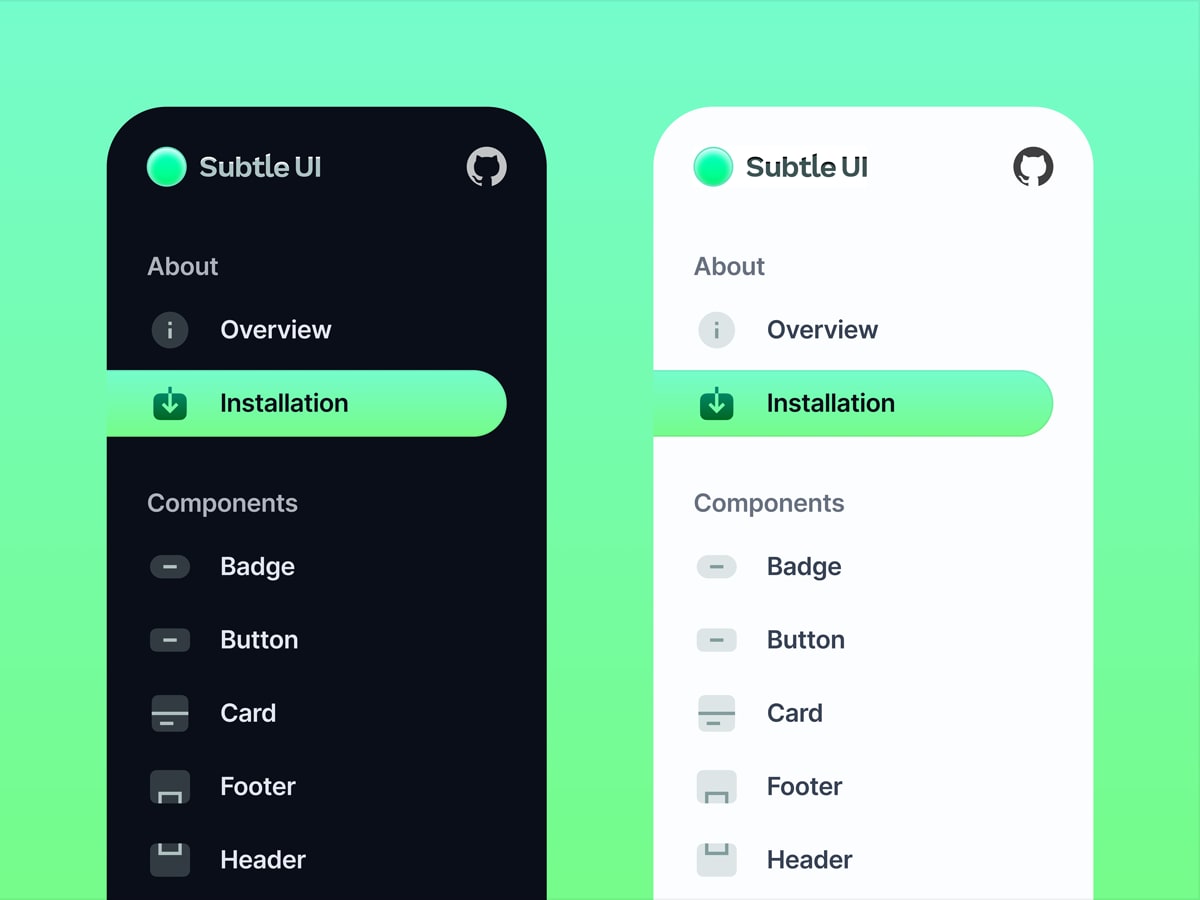 Side-by-side view of dark and light modes of Subtle UI navbar component