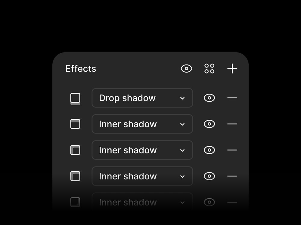 Looping animation of feature concept in Figma demonstrating a mouse clicking to hide and then show all Effects at once.