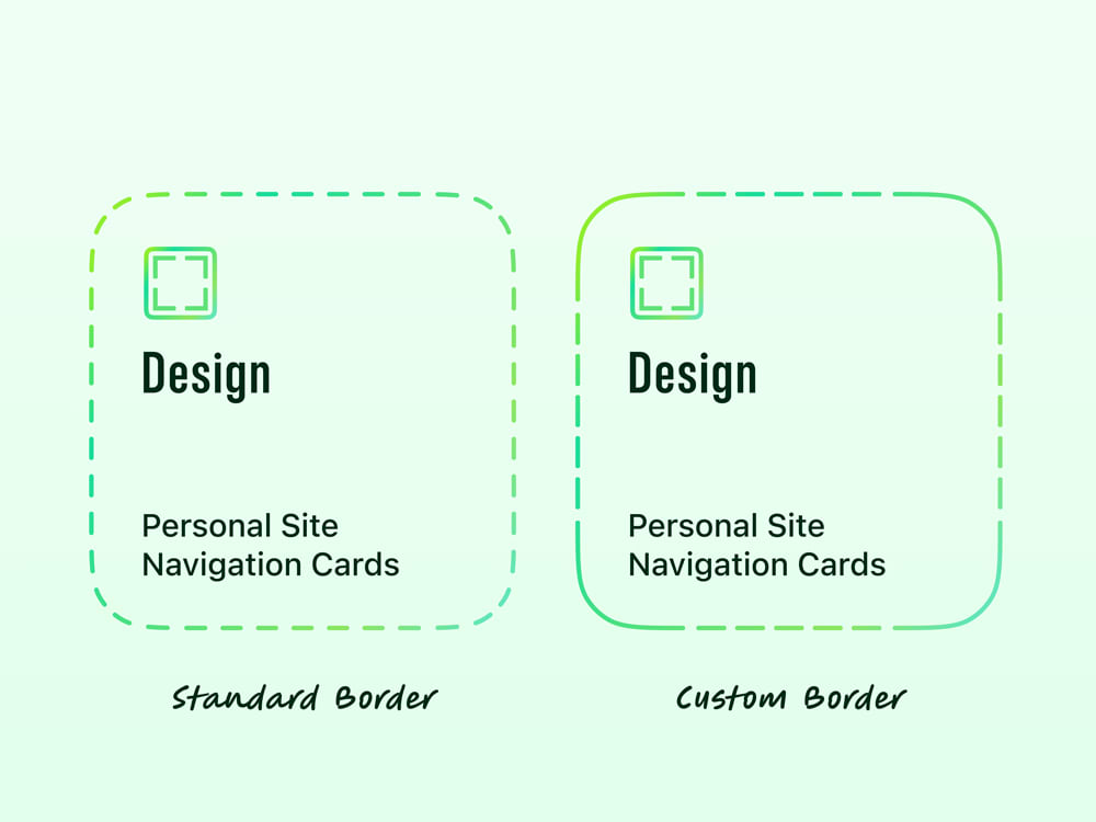 Comparison of dashed borders card UI, with the left showing a standard dashed border and the right showing custom dashed borders.