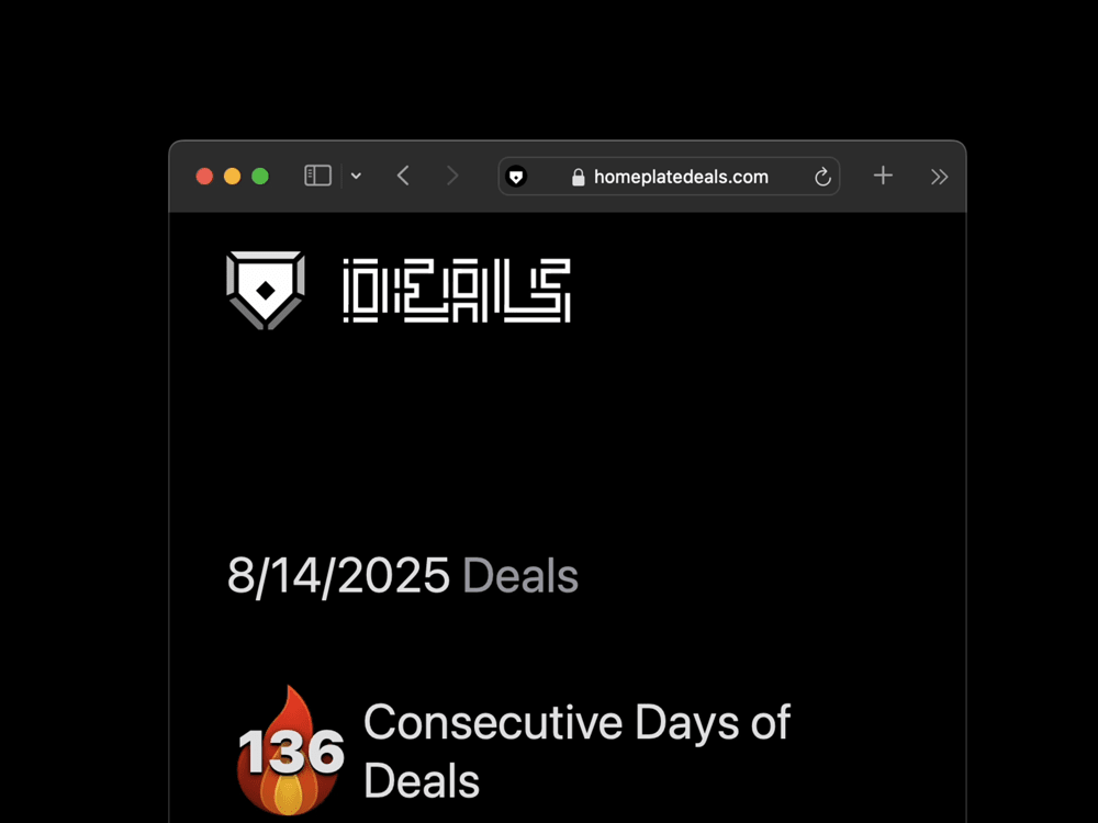 Screen recording demonstrating Home Plate Deals wordmark responsiveness at smaller screen sizes, and when clicked reveals an alternate wordmark that is made up of letters from MLB teams, saying either 'Home Plate Deals' or just 'Deals' depending on the amount of screen real estate.