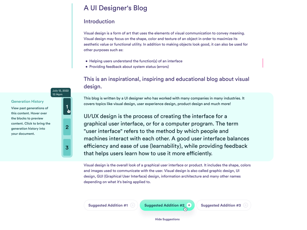 UI that shows Generation History giving users the ability to hover over and quickly see different versions of text that were generated by the AI application.