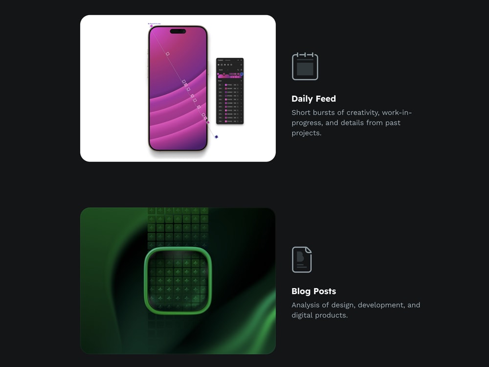 Screen recording of new personal site navigation cards, demonstrating the hover state styling of each.