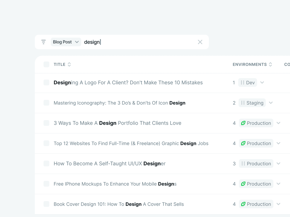 Table UI for Contentstack CMS, demonstrating a user searching for 'design' in search input, seeing results that bold instances of the word, 'design'.