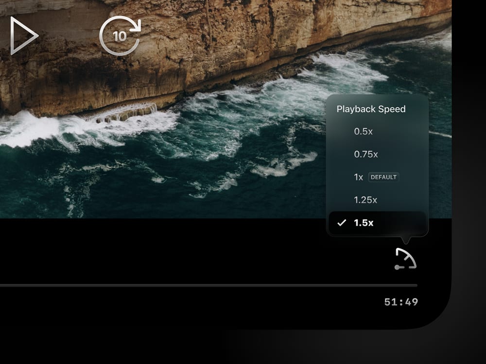 Proposed UI feature concept for HBO Max iPadOS app that allows users to change the playback speed of the video content, ranging from 0.5x to 1.5x speed.