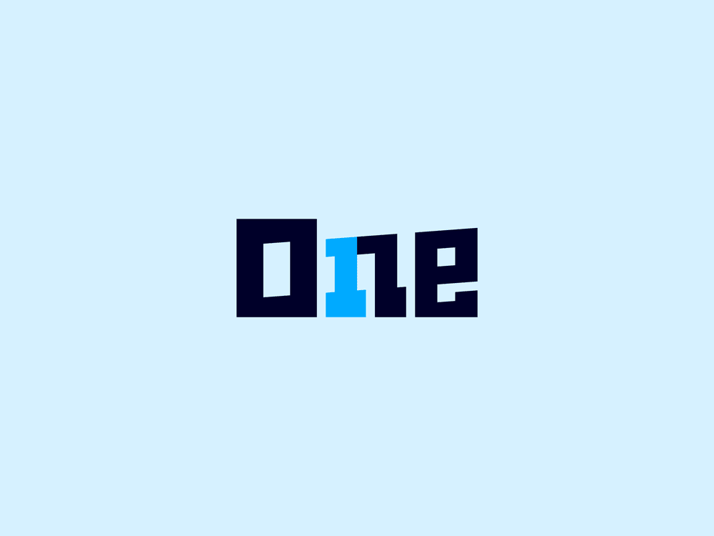 Stylistic presentation of the word 'One', drawn in a way that highlights the form of the number '1' in the 'n' letterform. The '1' appears in light blue, while the rest of the 'One' text is dark blue.