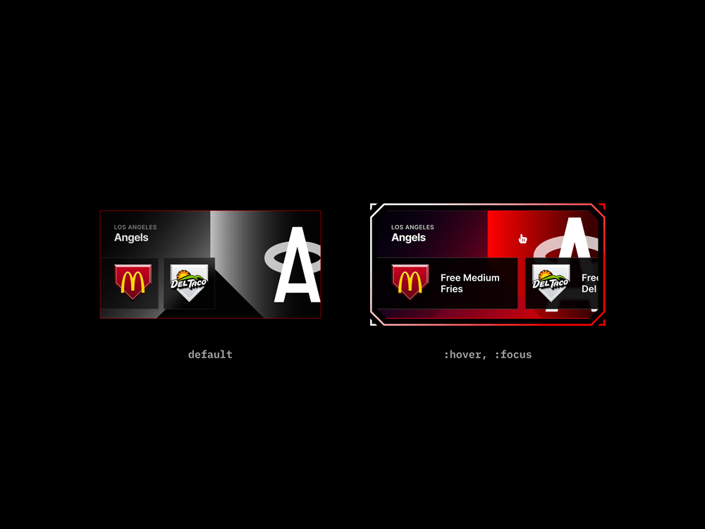 UI showing Los Angeles Angels food deals from McDonald's and Del Taco. In the hover state of the card, the border color changes to a red and white gradient, and expanded information is shown.
