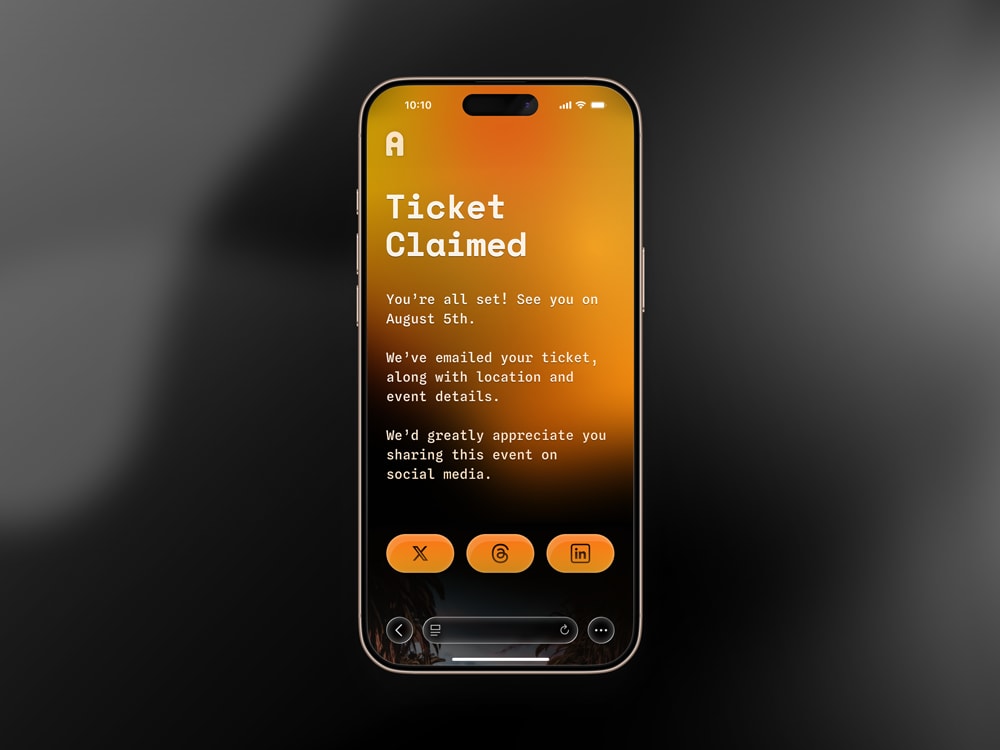 Landing page design for AI conference ticket confirmation page on iPhone 16 Pro Max, on dark background