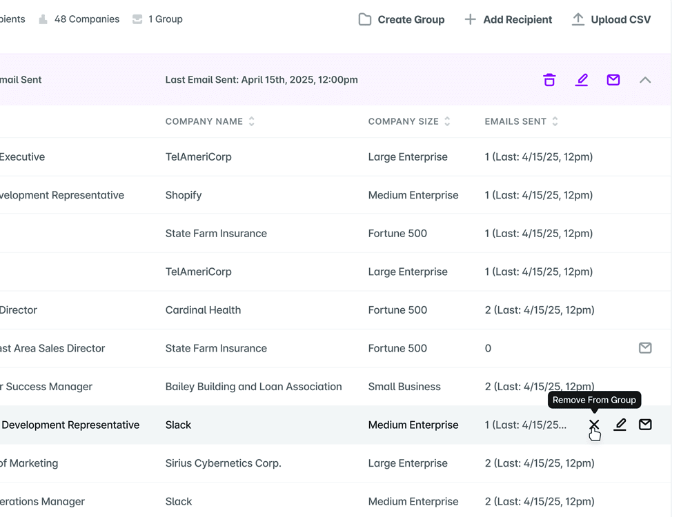 UserEvidence table UI showing company names, company sizes, and information about when emails were last sent
