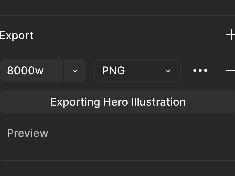UI showing Figma Export button with 'Exporing Hero Illustration' status text displayed.