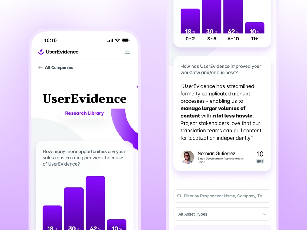 Stylized presentation of UserEvidence User Research Library shown at mobile size
