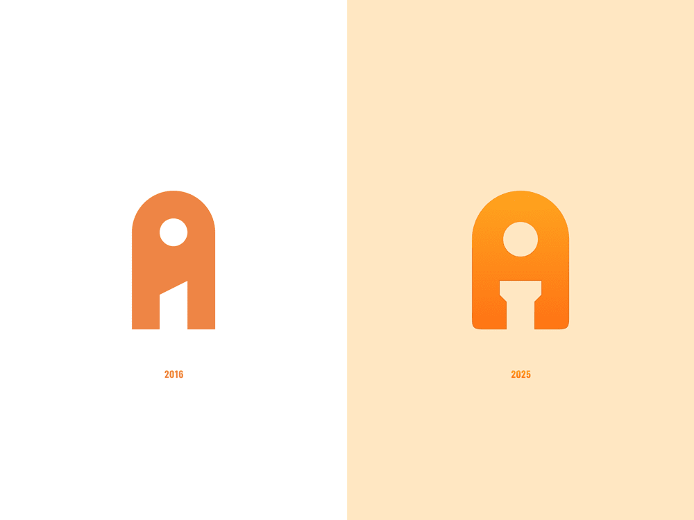 AI logo comparison between a 2016 version vs 2025. The logo merges abstract forms of letters 'A' and 'i'.