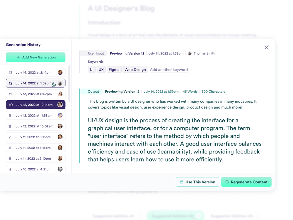 UI showing a list of previously generated AI content, where user input text content and AI generated output text content are shown stacked on top of one another.