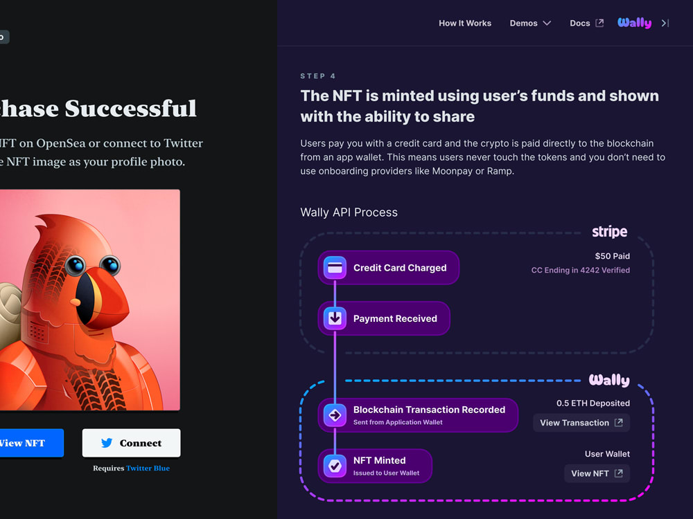 UI showing a series of steps that occur in Wally's API as an NFT is successfully purchased.