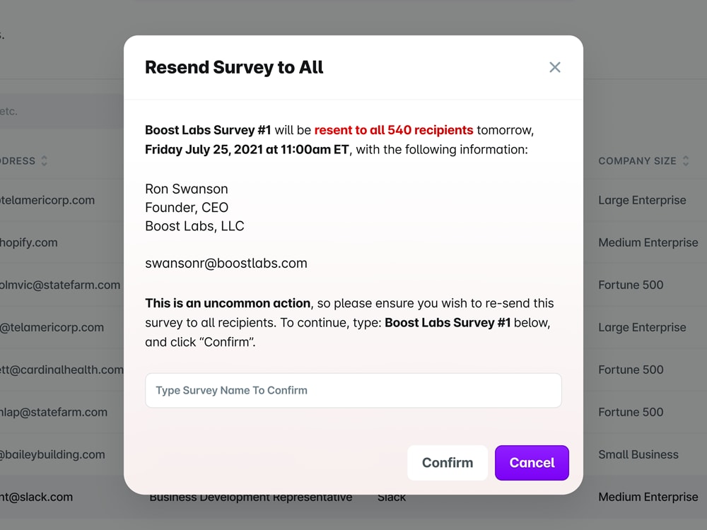 Modal UI in UserEvidence showing text warning users of the action they are about to take, in resending a survey to 540 recipients.