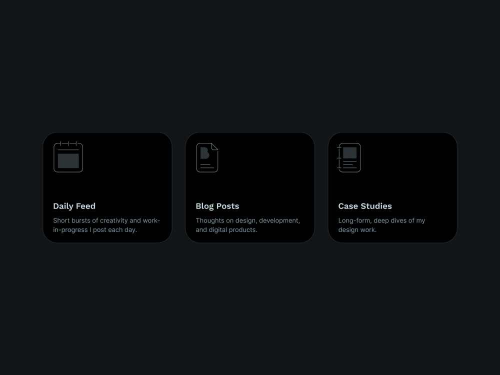 UI of navigation cards for 'Daily Feed', 'Blog Posts', and 'Case Studies'.