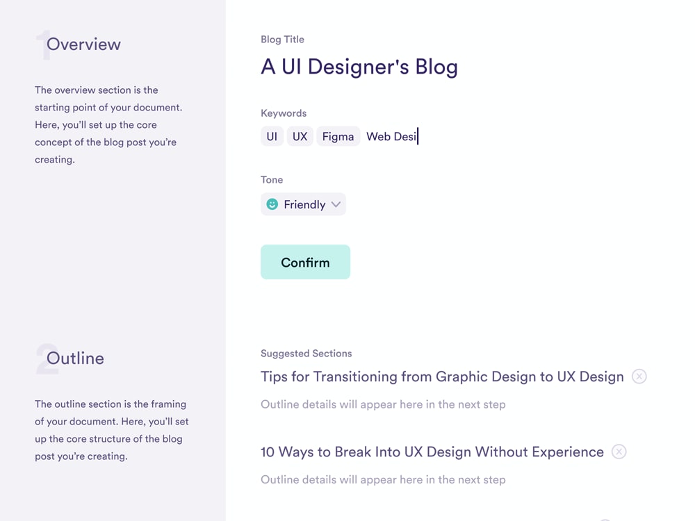 Mid-fidelity wireframe design for an AI text editor, shown in 'template view', which has users fill in the following fields: 'Blog Title', 'Keywords', and 'Tone'.