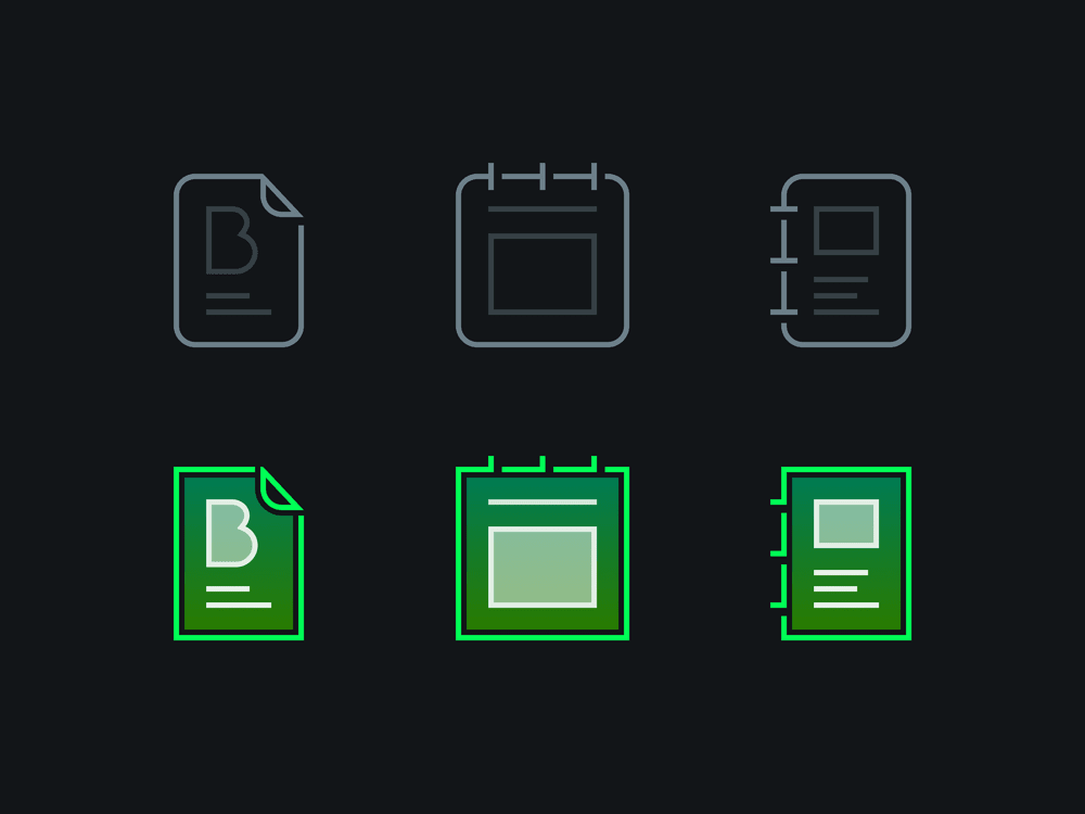 Three custom icons shown in default, as well as hover state style variations. From left to right, the icons represent: 'Blog Posts', 'Daily Feed', and 'Case Studies', respectively.