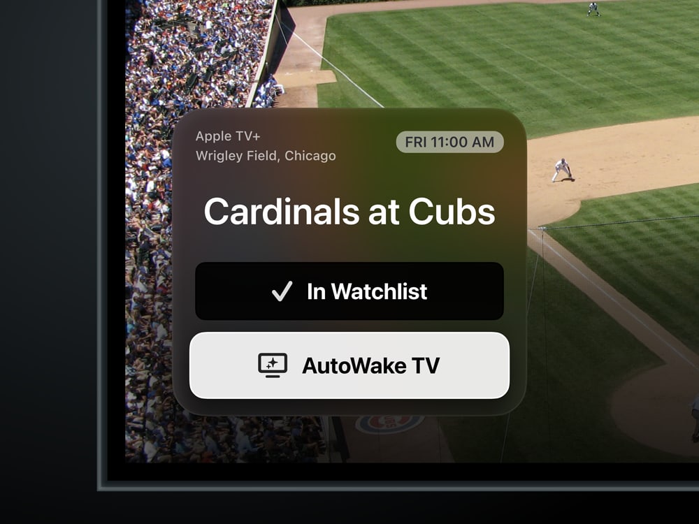 Apple tvOS feature concept shown with an option to 'AutoWake TV' for the St. Louis Cardinals vs Chicago Cubs baseball game that is beginning broadcast Friday at 11 AM PT