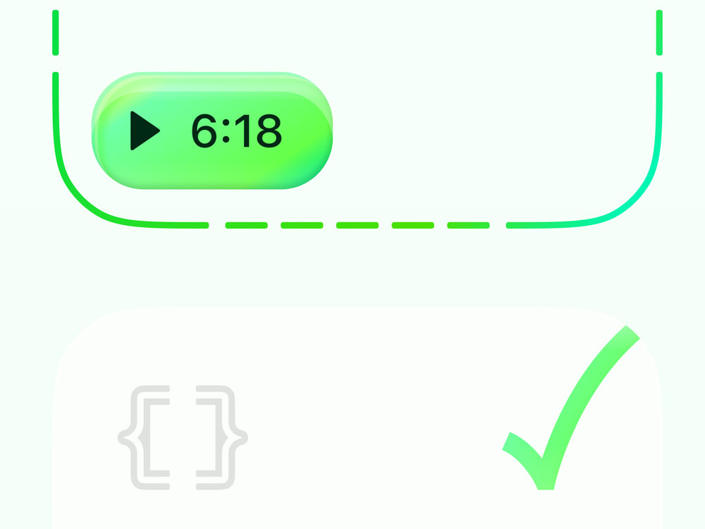 Closeup of an iOS app that shows a timer, a code brackets icon, and a checkmark.