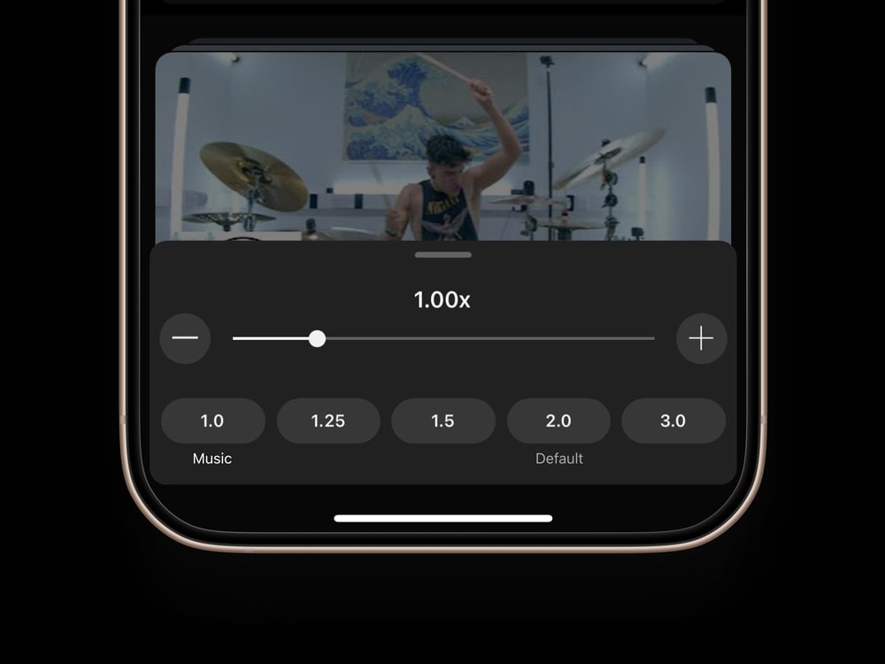 Closeup of the YouTube iOS app shown with the ability for users to select a default, preferred playback speed for both music video content, as well as other videos.