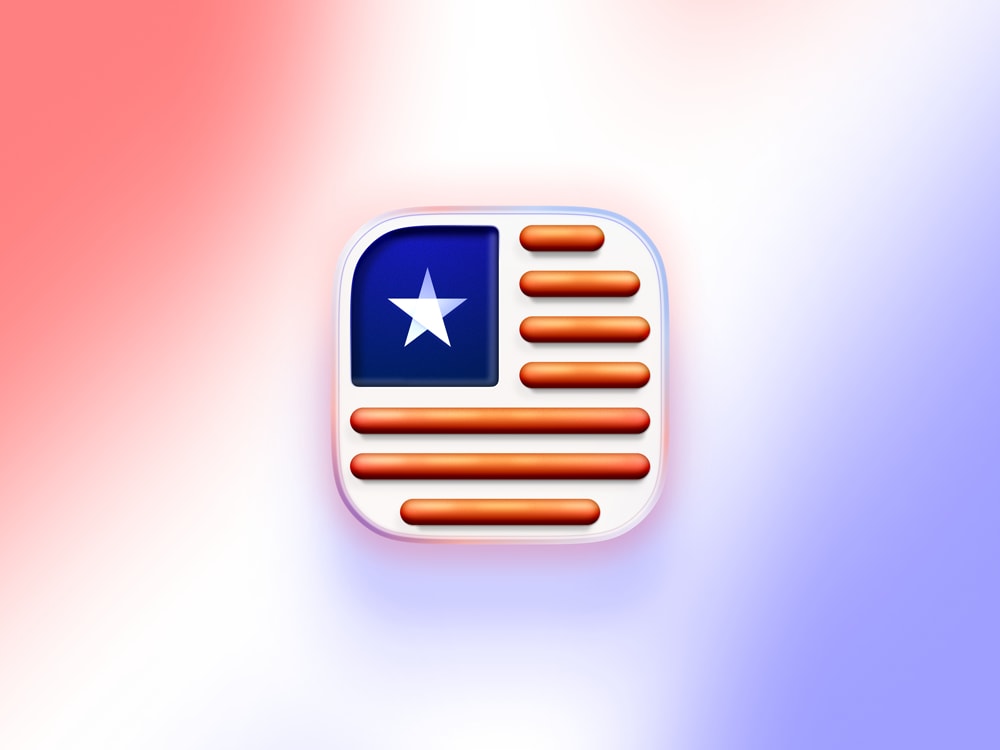 Rounded corner square that displays a blue plate with a white star on it, and seven hot dogs, arranged to create the American flag
