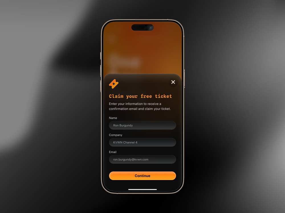 iPhone 16 Pro Max device mockup, displaying a form titled, 'Claim your free ticket'