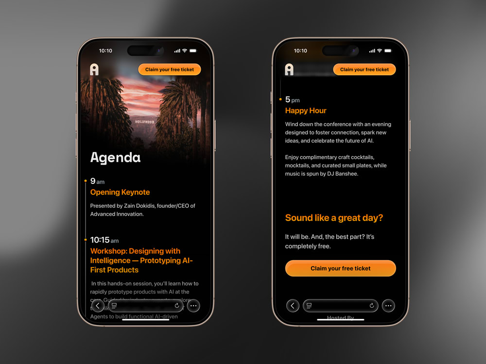 Landing page design for AI conference shown on iPhone 16 Pro Max, on dark background