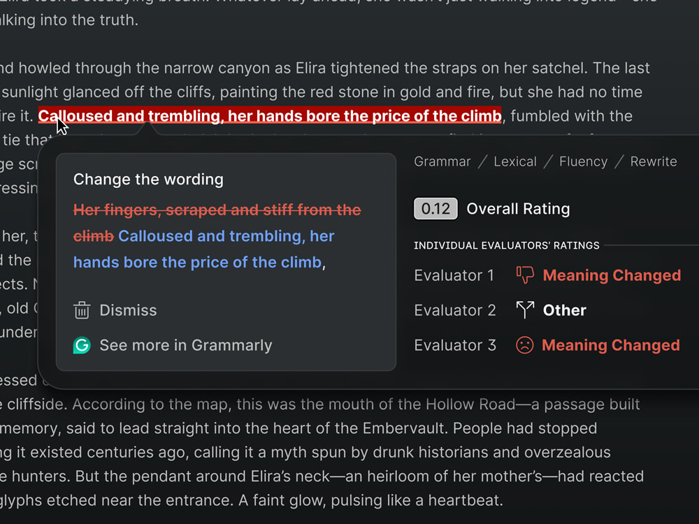 UI showing highlighted text opening a tooltip that displays different ratings from evaluators.