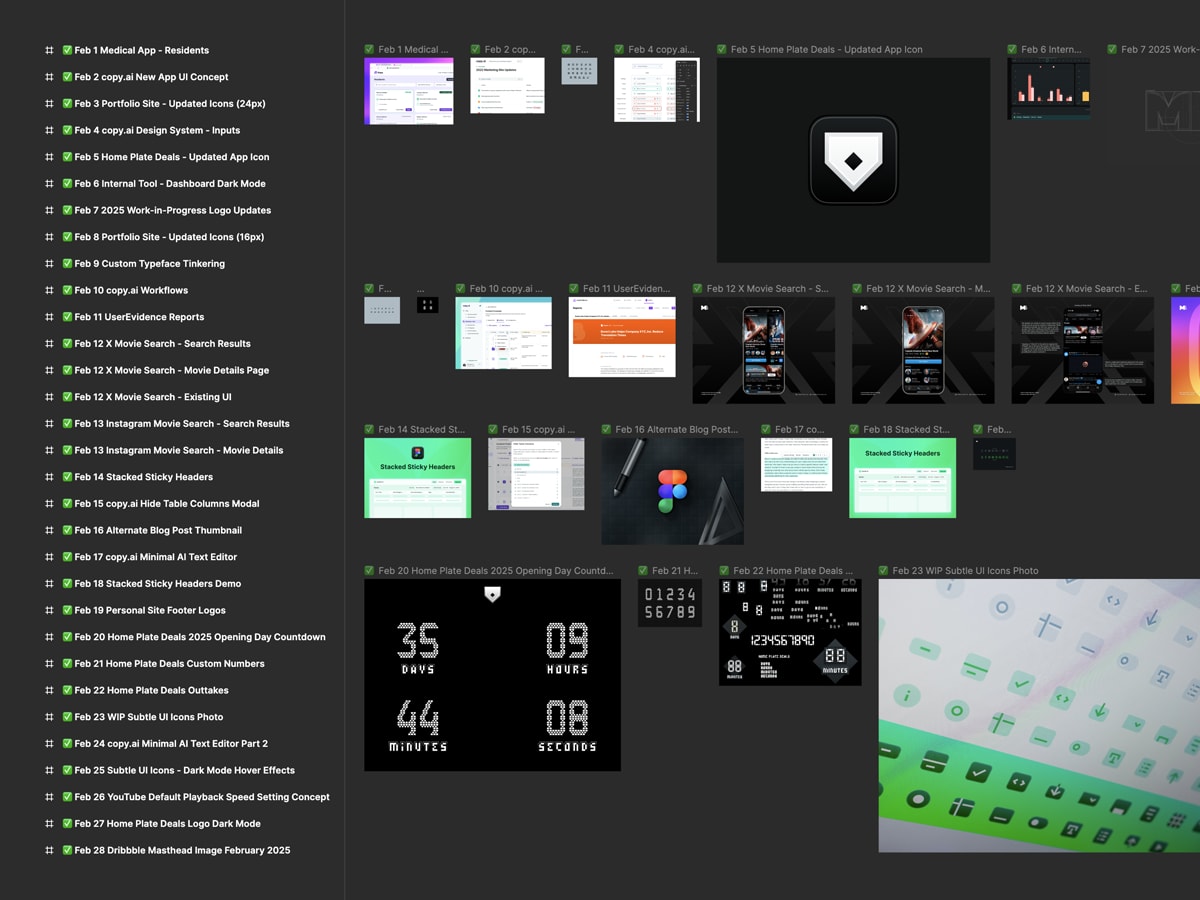 Figma UI showing daily designs from February 2025 by Max Burnside