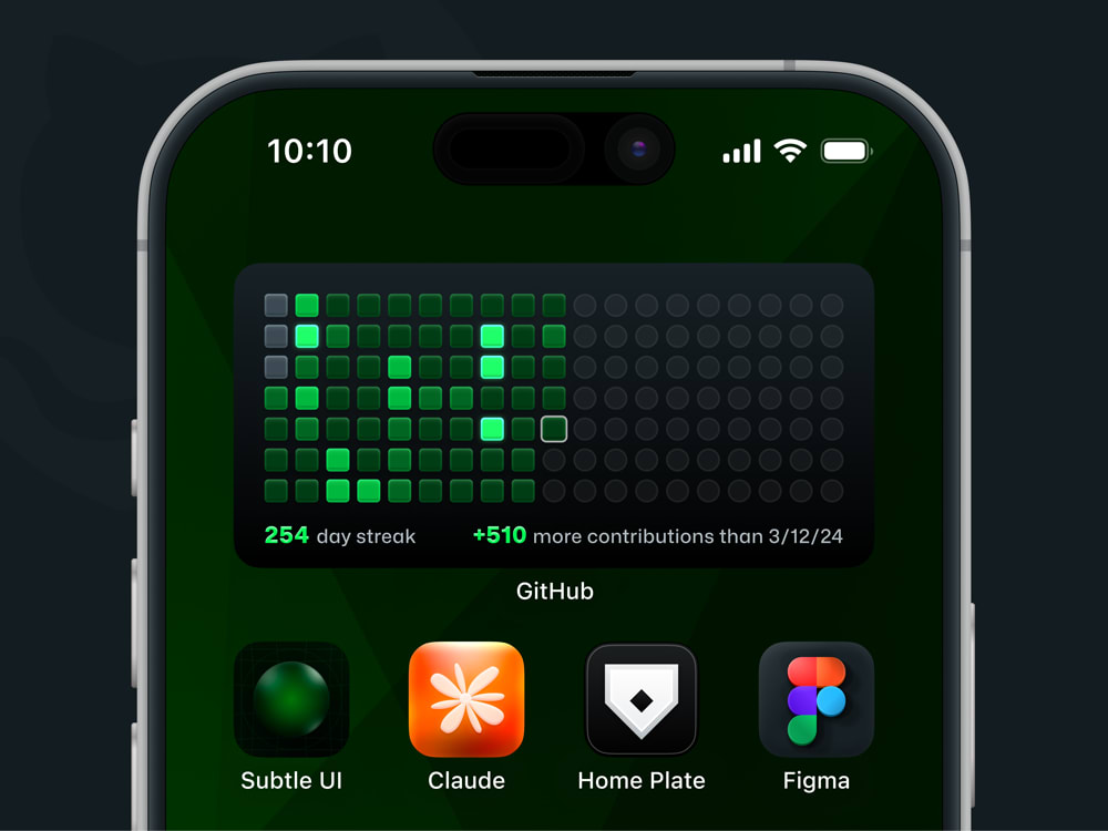 Concept of an updated GitHub contributions graph for 2025 vs last year, shown as an iOS widget