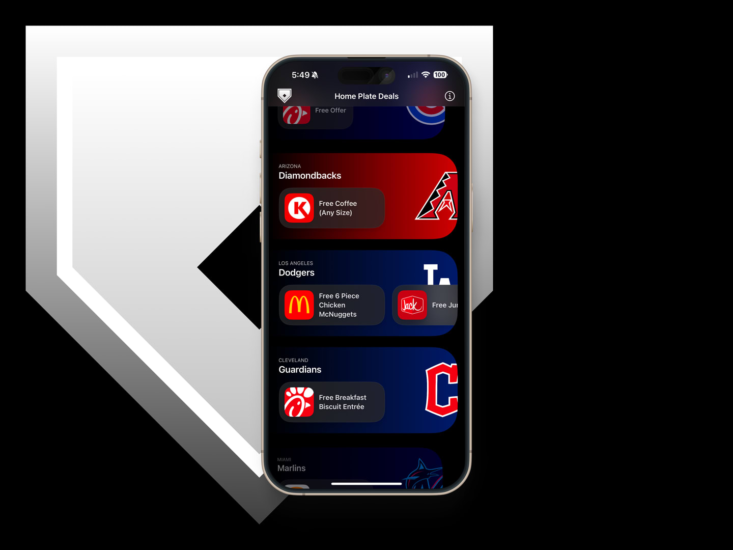 iPhone 16 Pro Max, shown in front of Home Plate Deals logo, displaying screenshot of Home Plate Deals iOS application