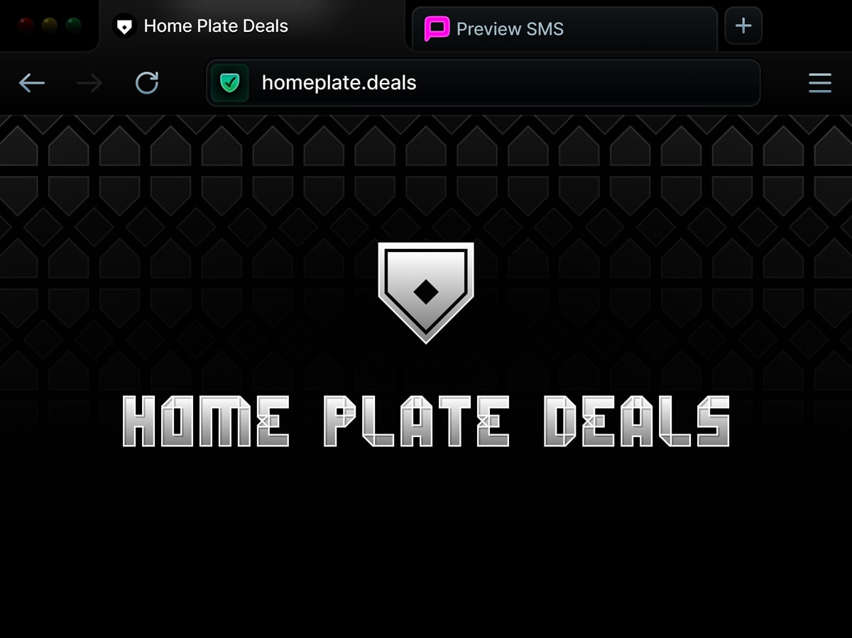 Home Plate Deals web app header, featuring logo and wordmark, along with background pattern and black gradient.