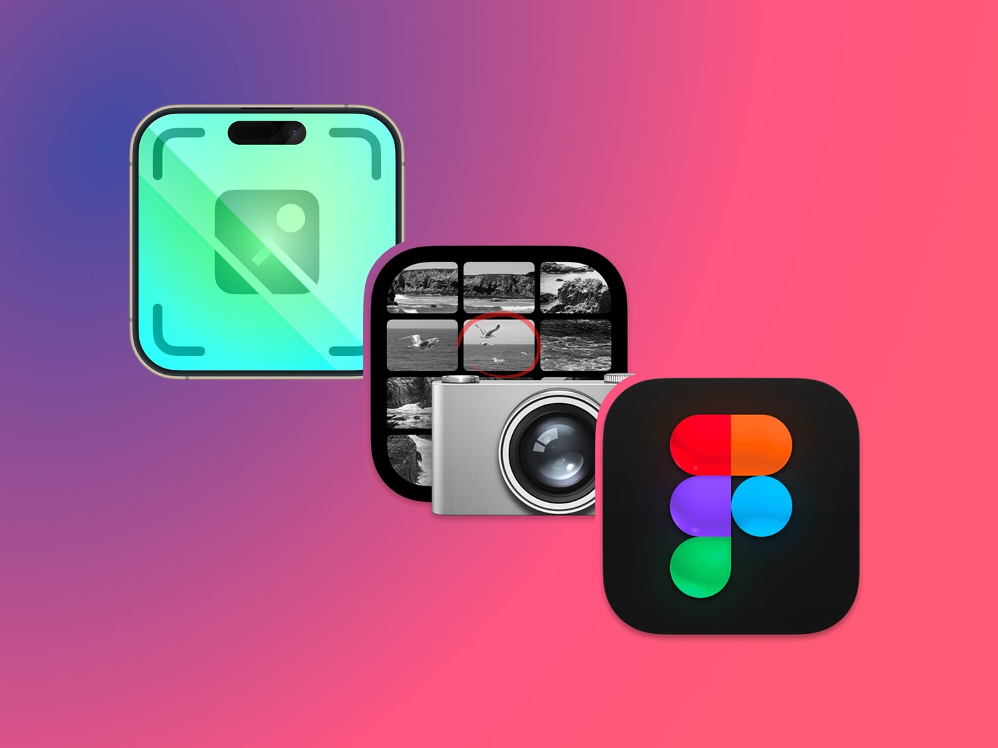 A graphic showing a screenshot icon, followed by Apple's Image Capture macOS app icon, and then Figma macOS app icon, shown diagonally from top left to bottom right, respectively