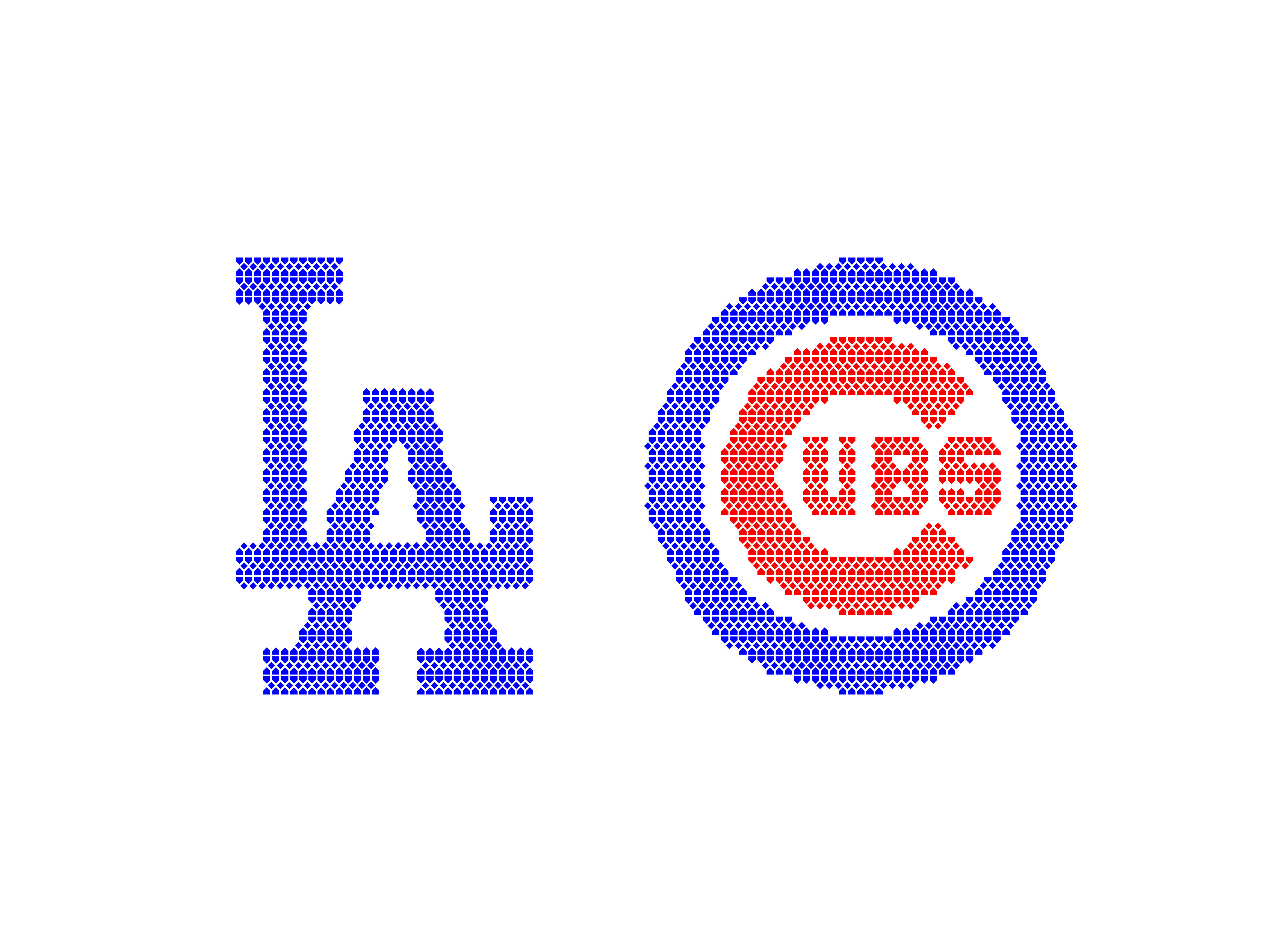 Illustration of Los Angeles Dodgers and Chicago Cubs logos, drawn using a grid of home and diamond shapes by Max Burnside