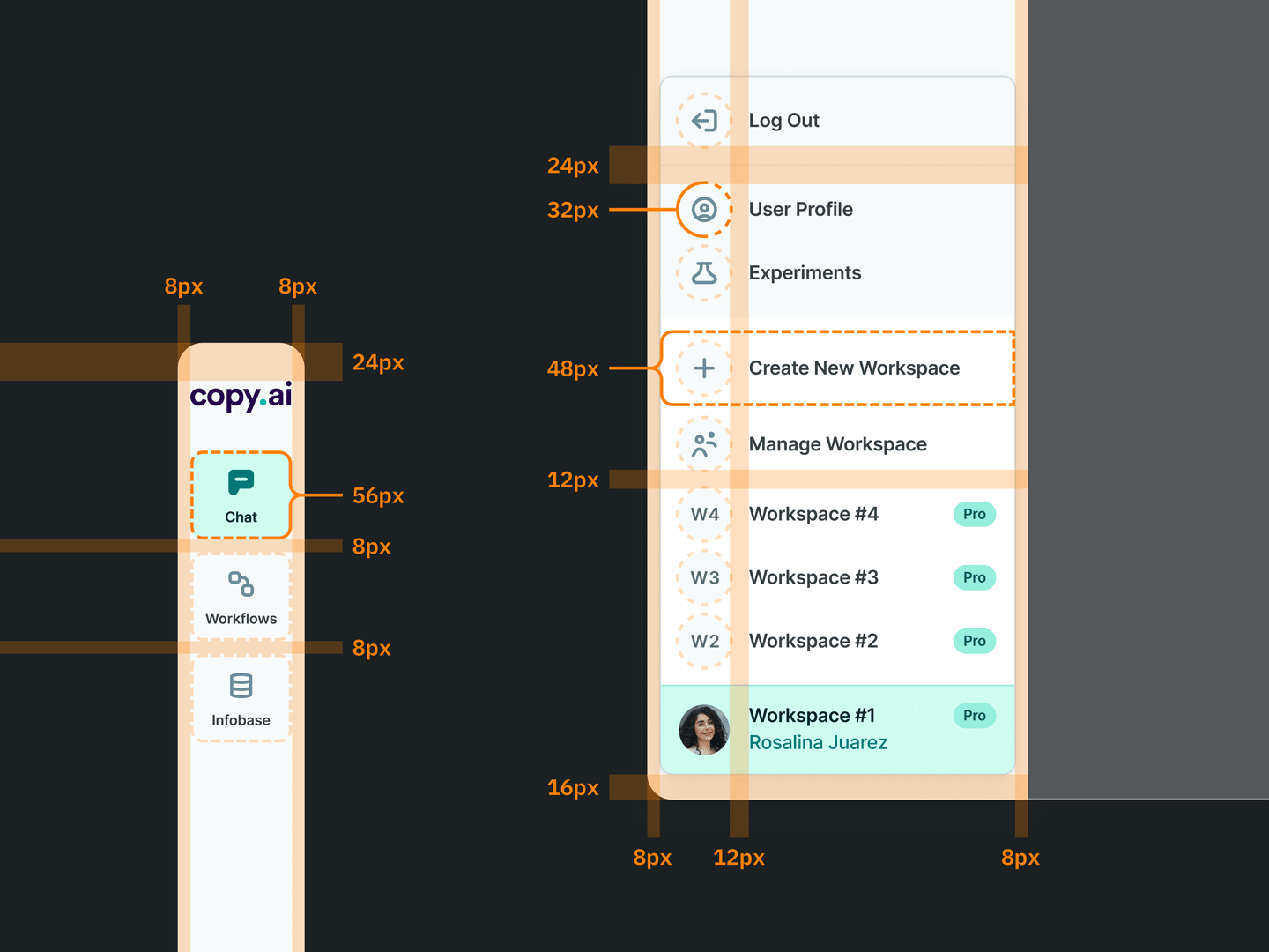 Diagram of visual guides that detail spacing between elements, size of UI elements, and padding of collapsed and expanded navigation bar UI for copy.ai