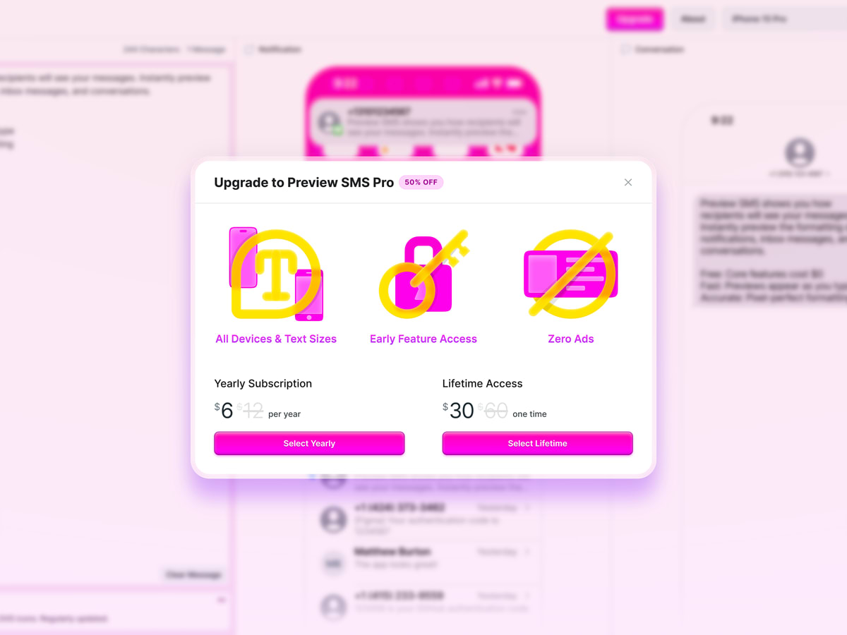Screenshot of Preview SMS upgrade modal UI, which features three illustrations comprised of pink and yellow gradient colors, and the option to select either a yearly subscription or lifetime access to the application.