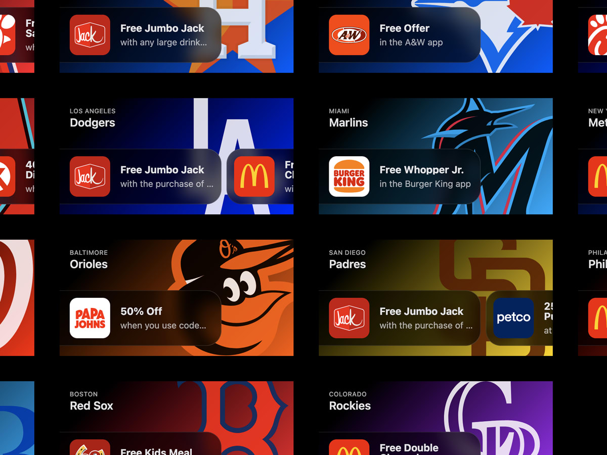 Screen recording of current state Home Plate Deals UI wherein MLB teams logos and names are shown next to various food deals and free giveaways. The mouse cursor hovers over the cards, demonstrating interactivity.