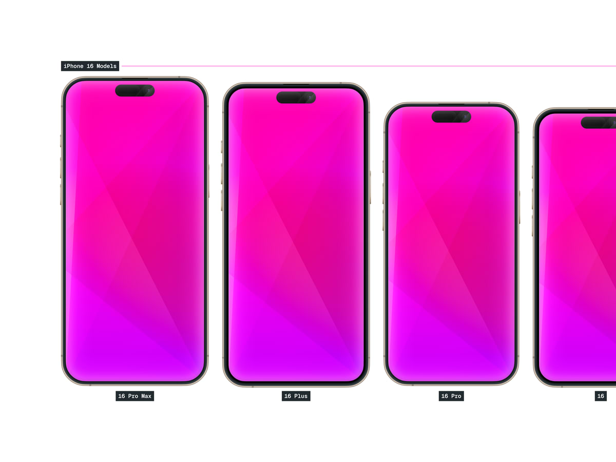 A row of iPhone illustrations. From left to right, iPhone 16 Pro Max, 16 Plus, 16 Pro, 16.