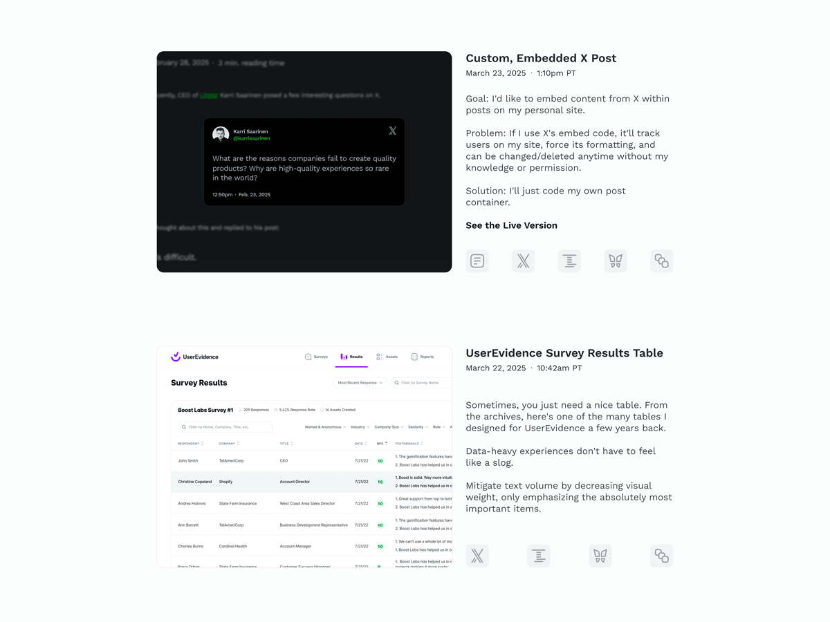 Screenshot of maxburnside.com, showing two posts that contain: - Image/Video - Title - Date/Time the post was made - Social platform links where the content was also shared