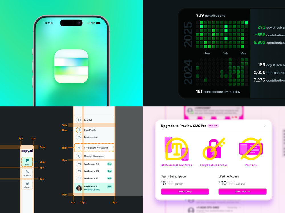 2-by-2 grid of designs. Left-to-right from top-to-bottom: Stacky app icon, GitHub contributions comparison UI concept, copy.ai navbar grid system, Preview SMS upgrade modal