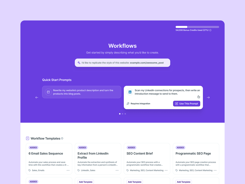 copy.ai Workflows header section UI